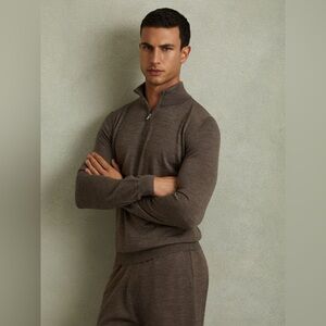 Reiss Maxwell Merino Wool Half-Zip Polo Shirt in Dark Brown Melange